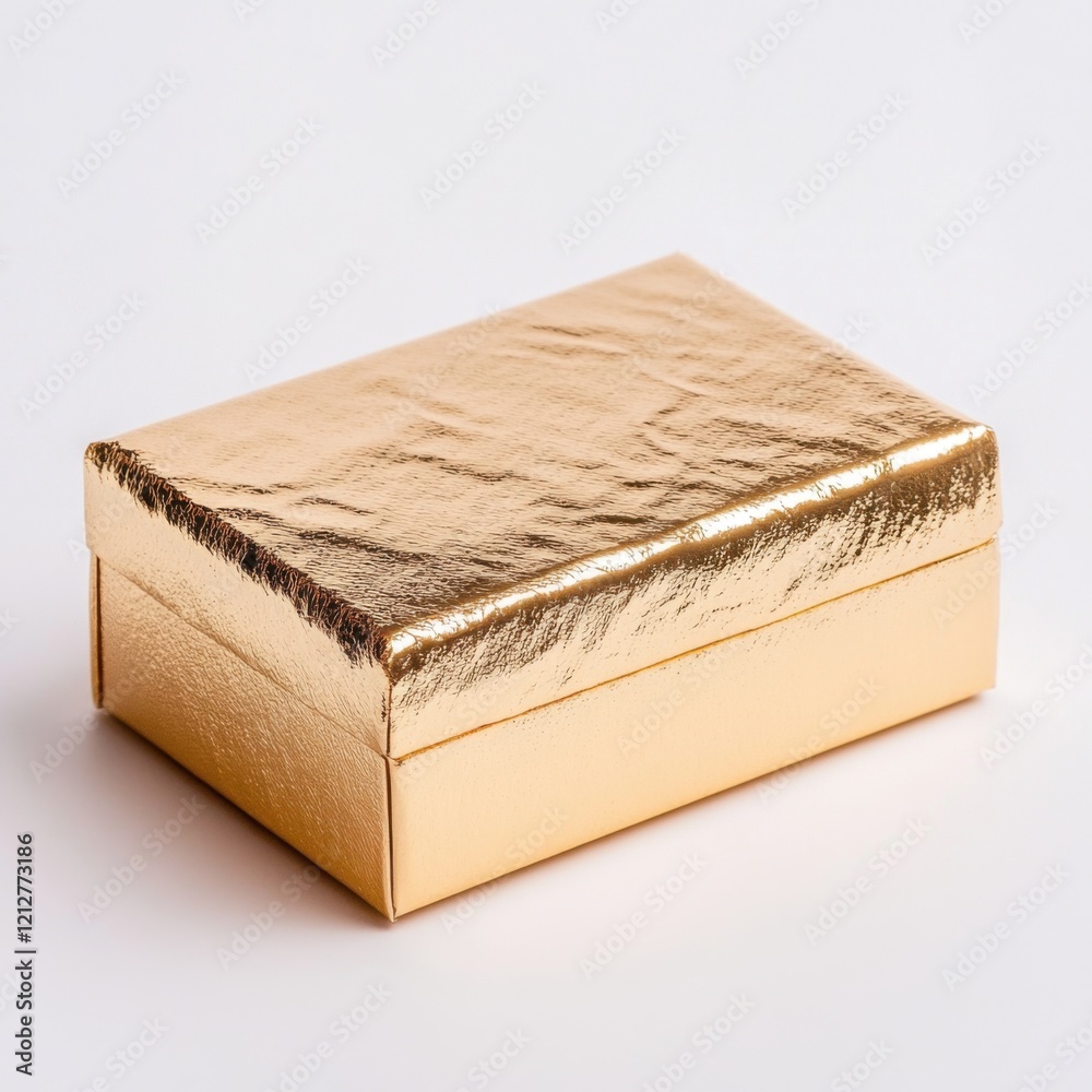 Shiny Gold Gift Box Wrapped in Foil with Elegant Design Shiny Gold Gift Box Wrapped in Foil with Elegant Design