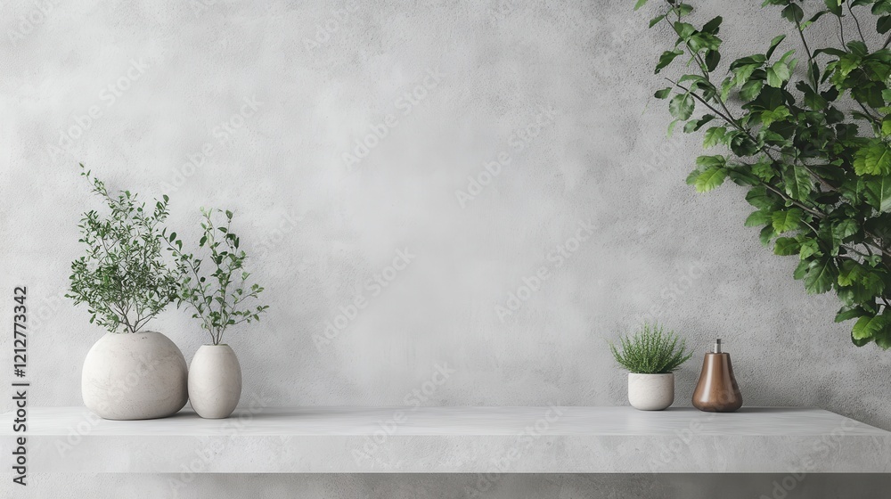 Minimalist Interior Design Inspiration with Light Grey Concrete and Greenery, Calm Atmosphere, Modern Space Minimalist Interior Design Inspiration with Light Grey Concrete and Greenery, Calm Atmosphere, Modern Space