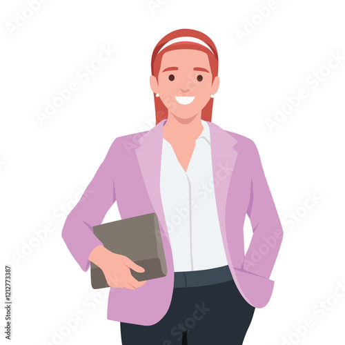 Confident Professional businesswoman dressed in a purple blazer and holding a tablet. Flat vector illustration isolated on white background