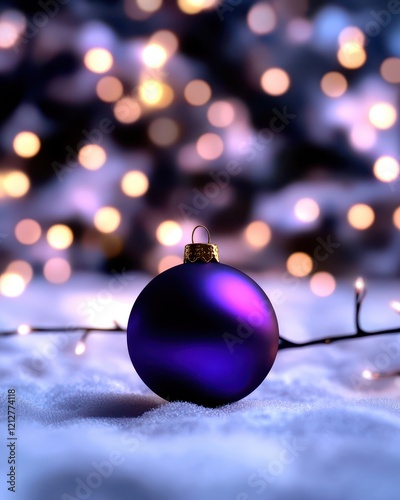 A decorative purple ornament resting on snow with blurred twinkling lights in the background.