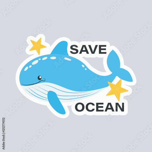 Save ocean ecology sticker in flat design. Eco label with whale and slogan. Vector illustration isolated.