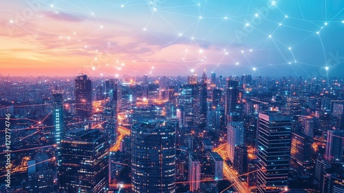 Wallpaper Mural Smart city network sunset aerial view Torontodigital.ca