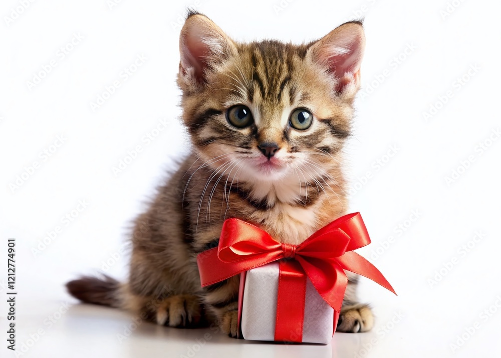 Adorable Kitten with Red Ribbon and Gift, Low Light Adorable Kitten with Red Ribbon and Gift, Low Light