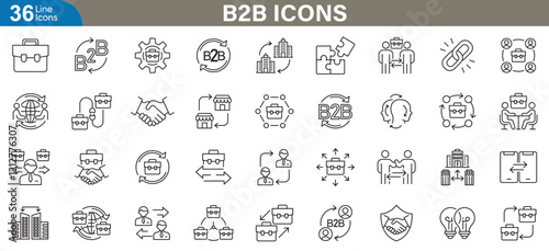 B2B outline Icons set. Professional business to business symbols for marketing, networking, strategy, data analytics, teamwork, and more. Simple vector illustration