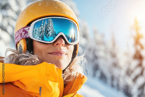 Female Caucasian Adult Enjoying Skiing with Snowy Mountain Reflections in Goggles photo