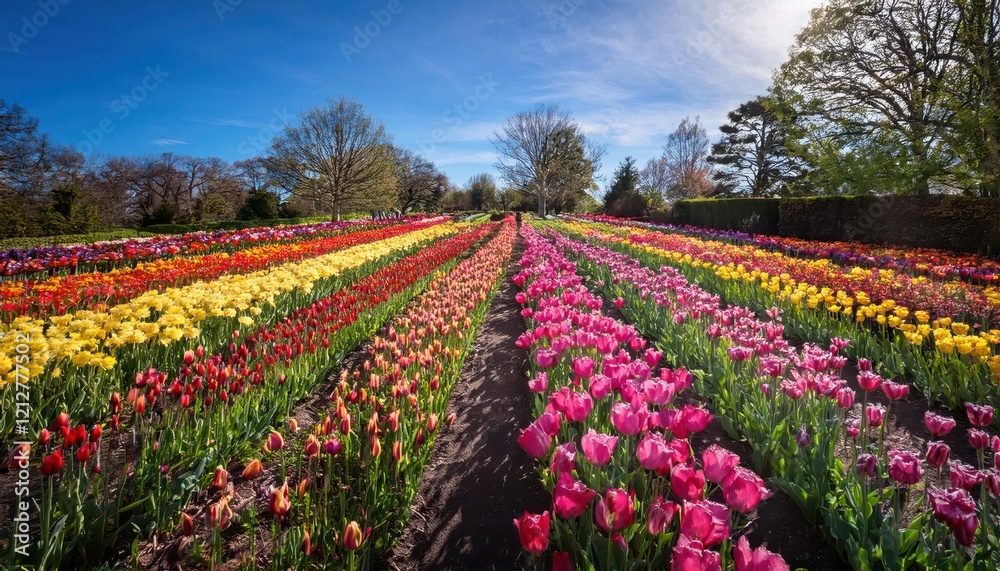 Rows of colorful tulips stretch across the landscape, celebrating spring's arrival under blue skies. Rows of colorful tulips stretch across the landscape, celebrating spring's arrival under blue skies.