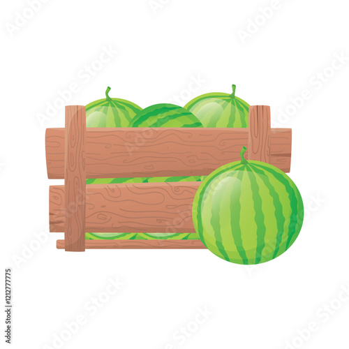 Watermelons in wooden box in flat design. Farm product, harvest in crate. Vector illustration isolated.
