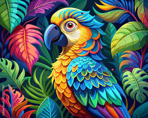 Vibrant Tropical Parrot Colorful Macaw Lush Jungle Foliage Detailed Feathers