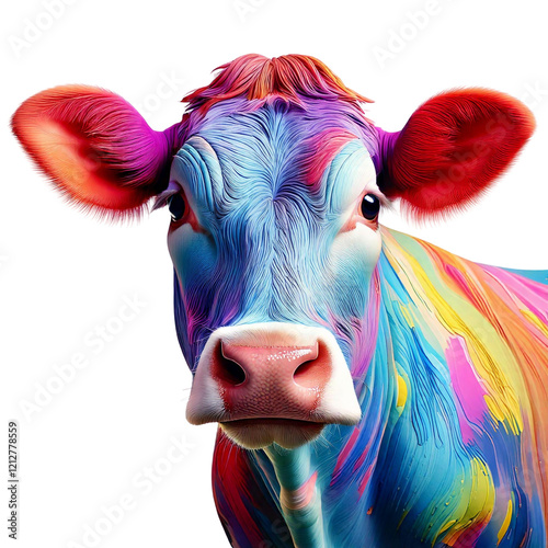 Vibrant rainbow cow portrait, artistic digital painting, colourful animal, close-up view.