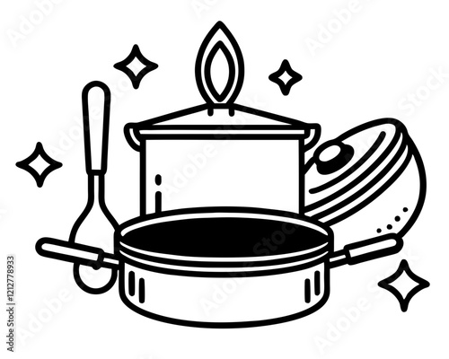 Kitchen Utensils Illustration Black White Line Drawing Cooking Pot Soup Bowl Frying Pan