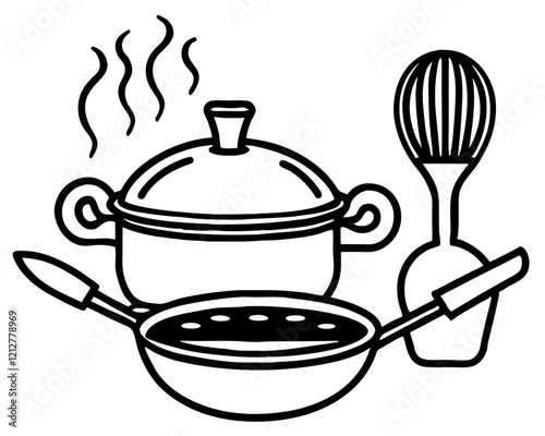Kitchen Utensils Illustration Black White Line Drawing Cooking Pot Soup Bowl Frying Pan
