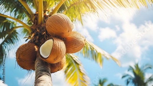 Coconut tree with a bunch of growing mature Coconut photo