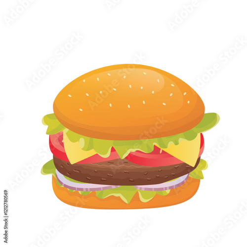 Burger in flat design. Tasty fast food meal, cheeseburger or hamburger. Vector illustration isolated.