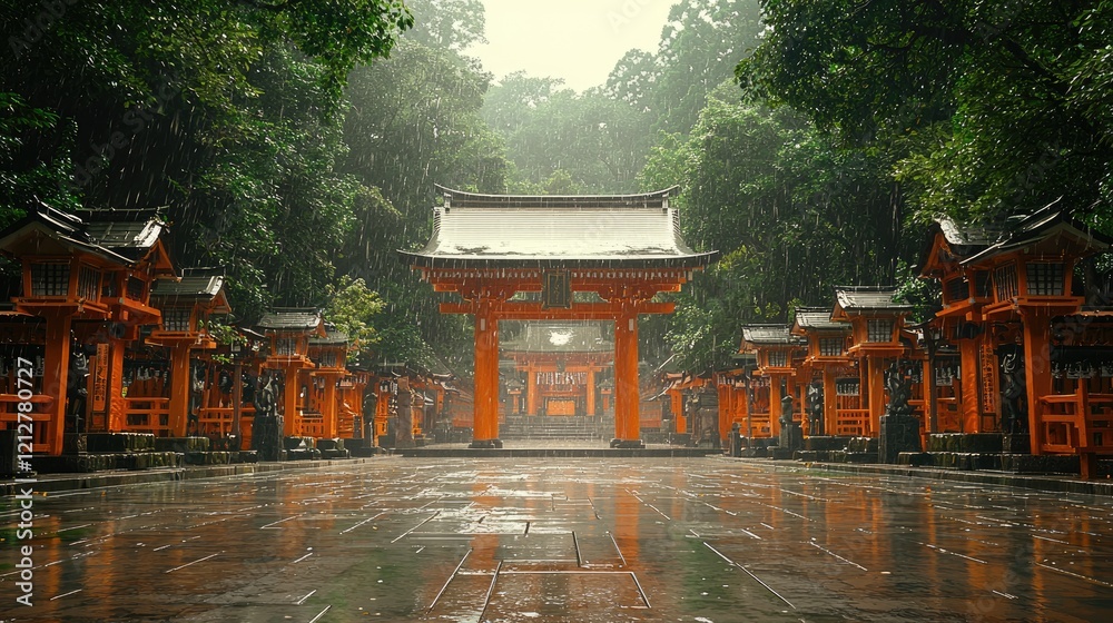 Obraz premium Cinematic Japanese Shrine Path with Red Torii Gate, Magical Sunlight, and Floating Light Particles