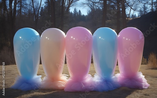 Five pastel balloons with tulle bases outdoors. photo