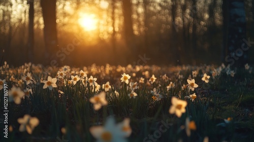 Beautiful blooming daffodil flowers in a vibrant green field during springtime, capturing the essence of nature’s renewal with bright yellow petals and fresh greenery, perfect for seasonal landscapes 