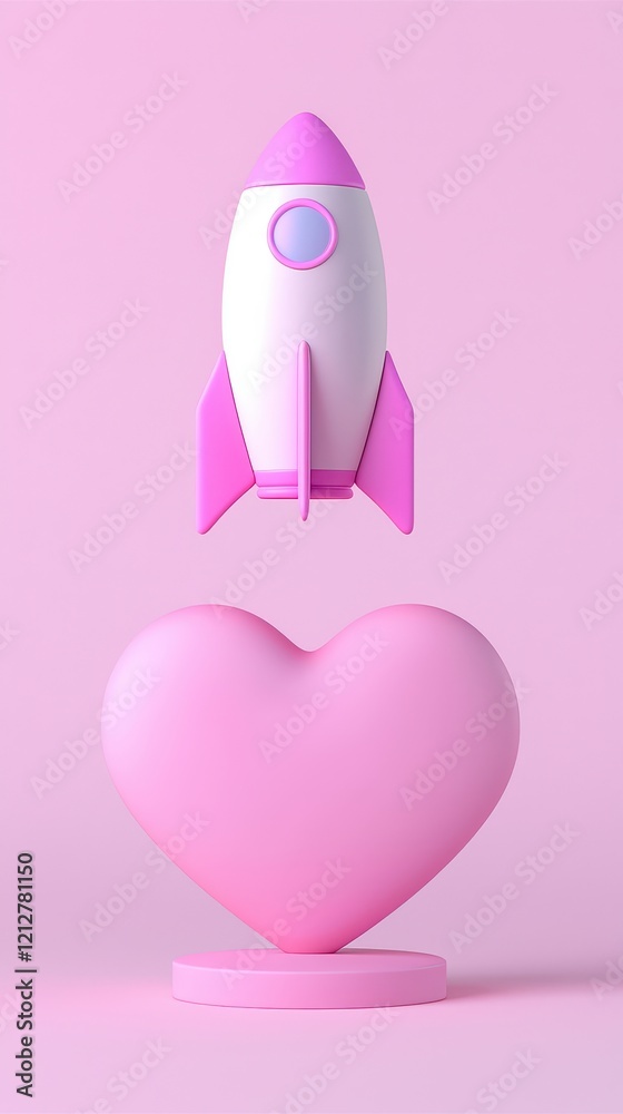 A whimsical pink rocket floating above a heart symbol on a soft pink background. A whimsical pink rocket floating above a heart symbol on a soft pink background.