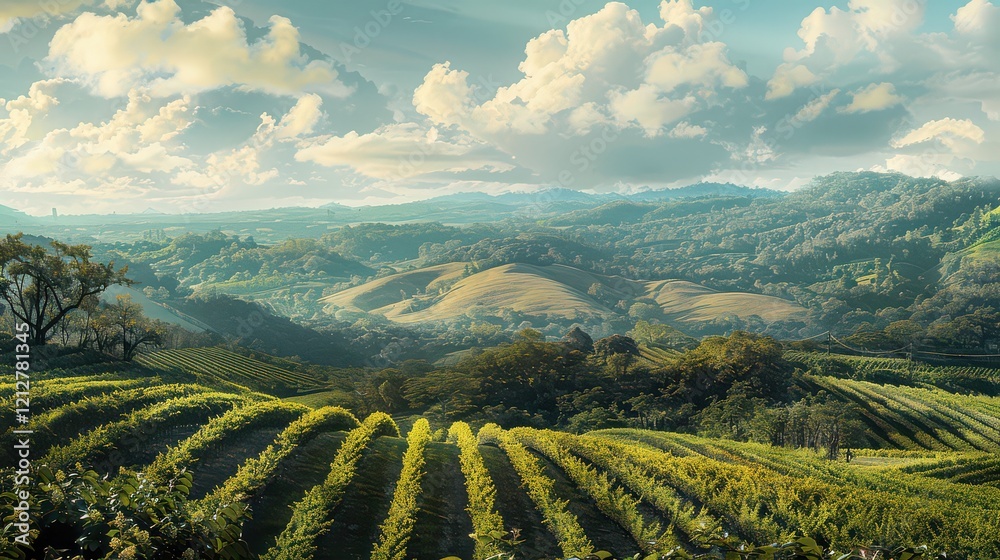 A panoramic view of expansive plantation fields stretching across rolling hills. A panoramic view of expansive plantation fields stretching across rolling hills.