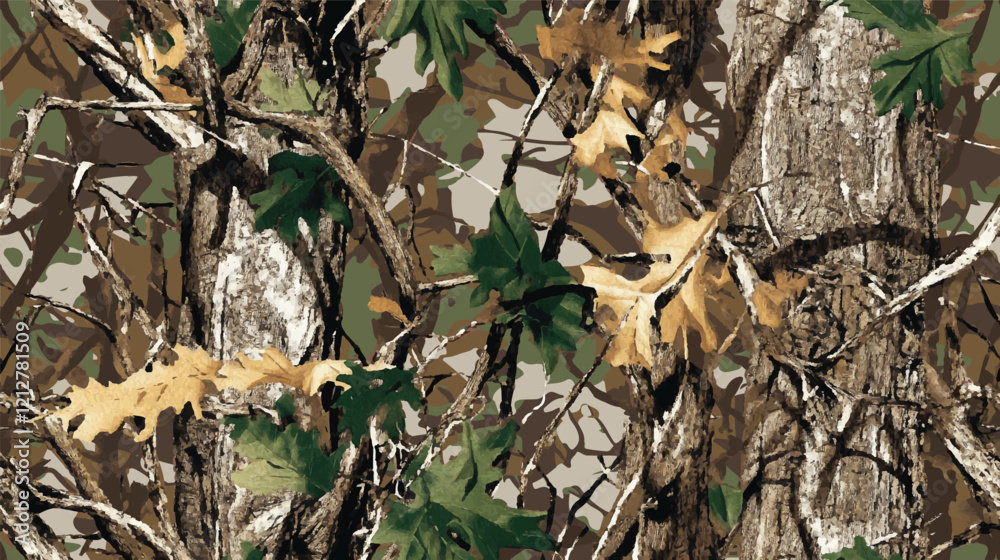 Realistic hunting camouflage seamless pattern design. Forest barks, stems, leaves camouflage background