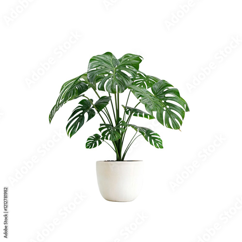 Monstera Plant in a Pot: A vibrant Monstera plant with its iconic large, fenestrated leaves flourishes in a clean, simple pot, perfect for adding a touch of nature indoors.  photo