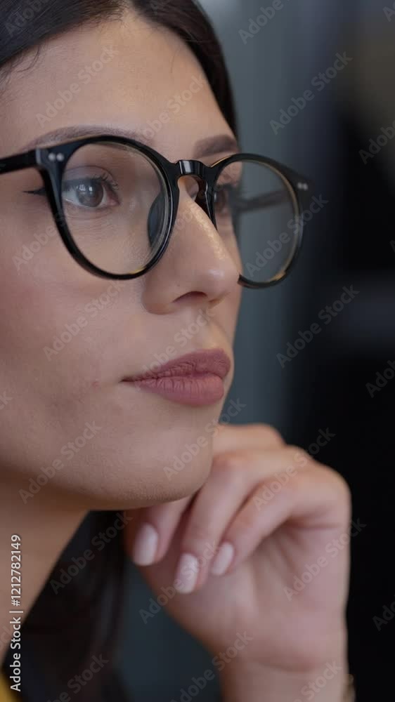 Vertical Screen: Professional woman with black-rimmed glasses nodding in agreement, conveying attentiveness and understanding in a modern office setting. Concept of professionalism, active listening Vertical Screen: Professional woman with black-rimmed glasses nodding in agreement, conveying attentiveness and understanding in a modern office setting. Concept of professionalism, active listening