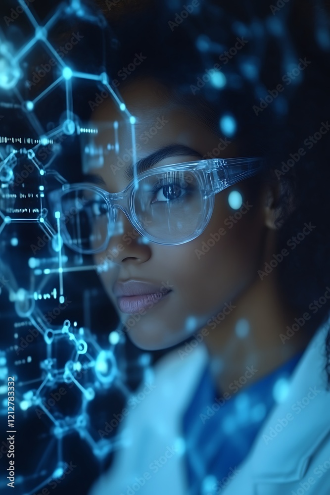 Scientist studying futuristic data. Scientist studying futuristic data.