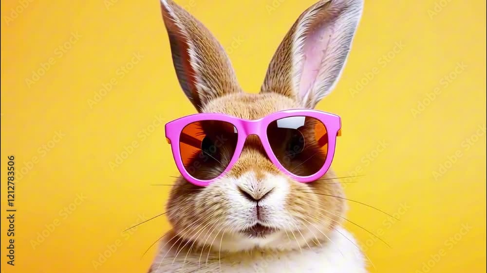 Funny cheerful rabbit in bright sunglasses on yellow background. Creative Easter background, spring funny hare. Cute Easter Bunny, spring, easter holiday Funny cheerful rabbit in bright sunglasses on yellow background. Creative Easter background, spring funny hare. Cute Easter Bunny, spring, easter holiday
