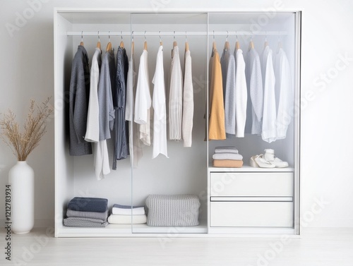 Organized wardrobe with neatly arranged clothes and accessories. photo