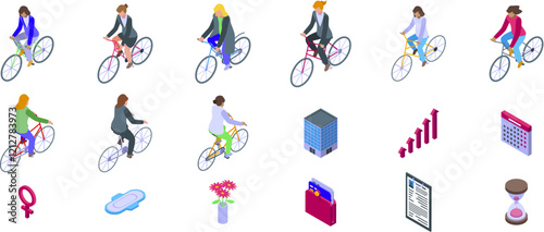 Business woman cycling icons set. Isometric businesswomen cycling, symbolizing sustainable transport, health, and efficient time management