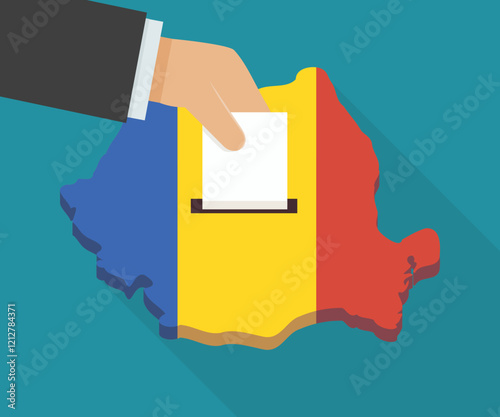 A hand drops a ballot in the 3D Romania map with the colors of the Romanian flag on a blue background in a flat design style