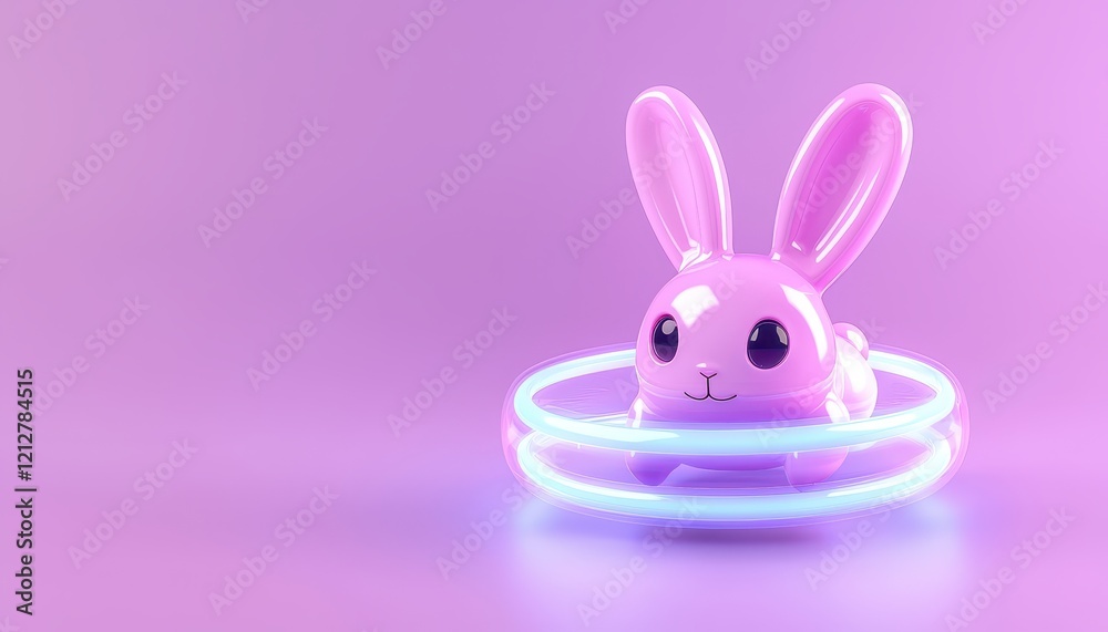 Fototapeta premium Cute pink bunny toy surrounded by colorful glowing rings on a pastel background.