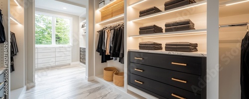 Stylish interior of a modern walk-in closet with organized storage.