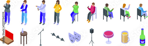 Standup comedy show icons set. Stand up comedy show elements with comedians performing, audience listening and enjoying drinks, isometric icons set