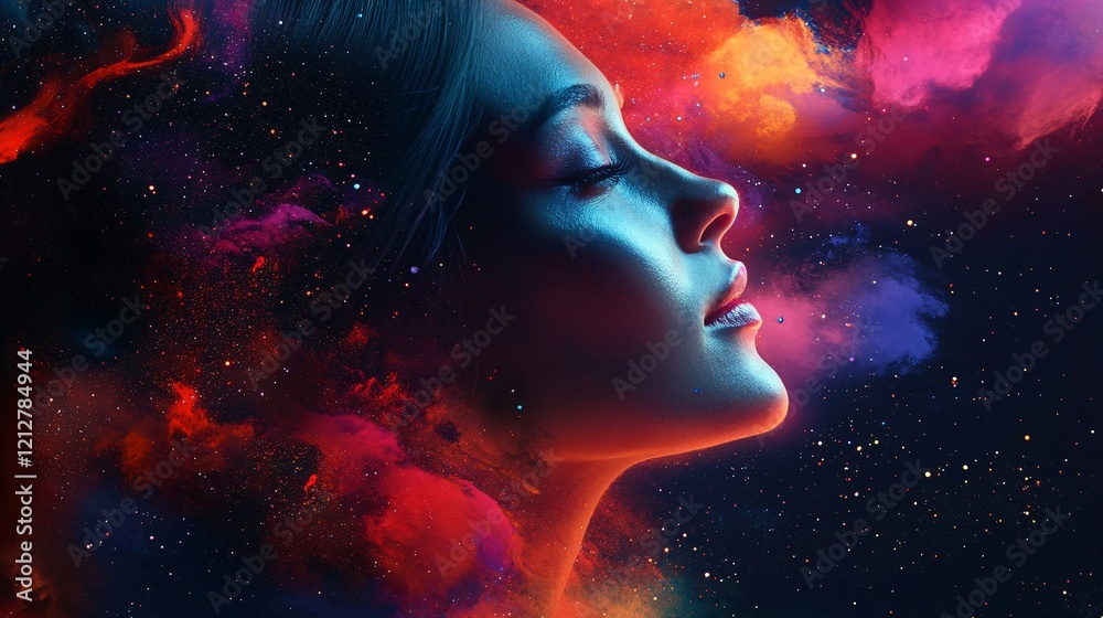 Woman breathing in a colorful nebula with bright stars Woman breathing in a colorful nebula with bright stars