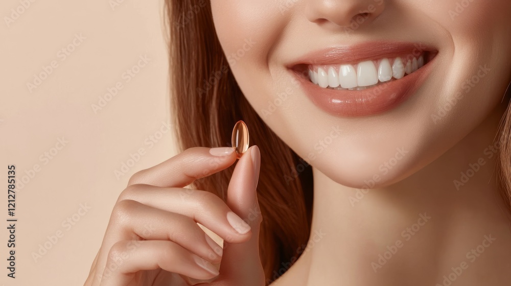 Elegant hand showcasing amber capsule with bright smile, promoting skincare for middle-aged women Elegant hand showcasing amber capsule with bright smile, promoting skincare for middle-aged women