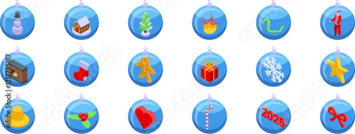 Bauble glass snow icons set. Set of isometric christmas ball icons featuring various festive symbols, celebrating the winter holidays and the upcoming new year 2025