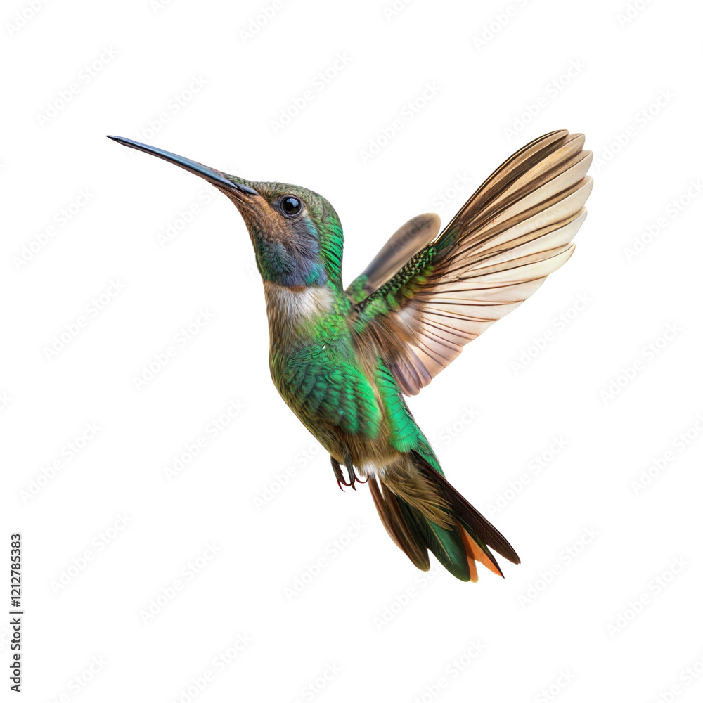 Fototapeta premium Graceful Flight: A breathtaking capture of a hummingbird in mid-air, showcasing its vibrant plumage and delicate wings spread wide in a display of agility and grace.