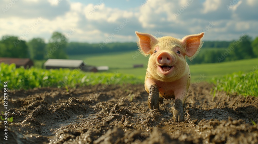 Joyful piglet running in muddy field on a sunny day in the countryside. 2031 year pig according calendar Joyful piglet running in muddy field on a sunny day in the countryside. 2031 year pig according calendar