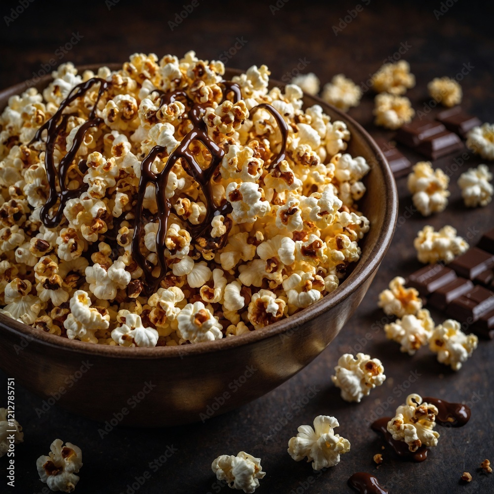 A bowl of popcorn drizzled with caramel and dark chocolate. A bowl of popcorn drizzled with caramel and dark chocolate.