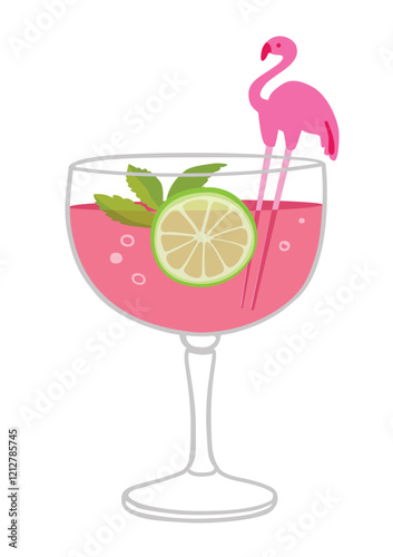 Flamingo summer cocktail drink, hand drawn isolated vector illustration.
