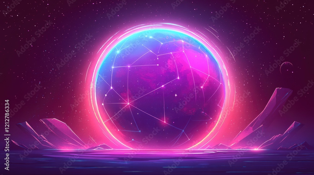Fototapeta premium Futuristic neon globe with cosmic background in pink and purple tones