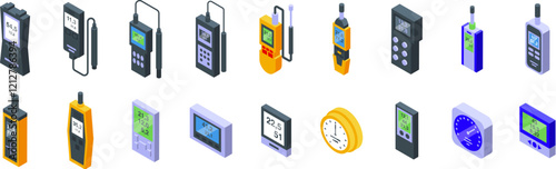 Thermohygrometer icons set. Set of isometric icons representing digital hygrometers measuring humidity and temperature levels in various environments