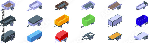 Wallpaper Mural Car trailer open icons set. Set of trailer icons showing different types and colors of trailers for cars, including covered trailers, open trailers, and various sizes Torontodigital.ca
