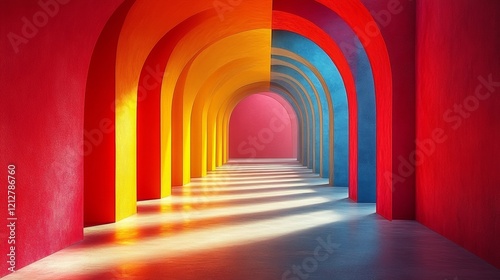 Bright red and yellow arches with modern lighting