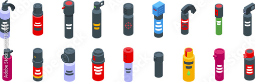 Pepper spray icons set. Isometric pepper sprays providing security and protection against assault, ensuring personal safety in various dangerous situations