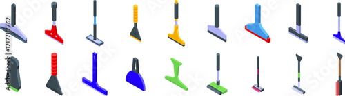 Scraper cleaning car icons set. Set of cleaning tools icons representing various squeegees, scrapers, and brushes used for cleaning different surfaces