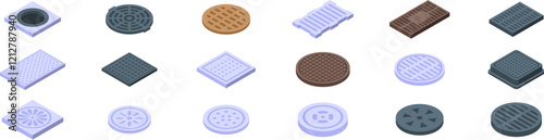 Drain manhole icons set. Set of isometric manhole covers including round, square, and rectangular shapes, showcasing diverse materials and designs for urban infrastructure