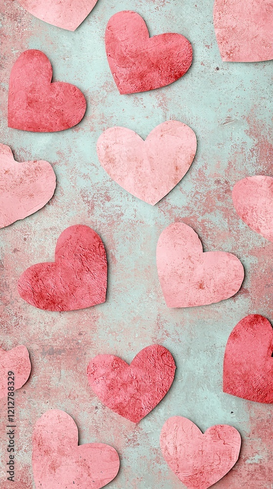 Obraz premium A whimsical pattern of pink and red hearts on a textured, mint green background, ideal for romantic themes.
