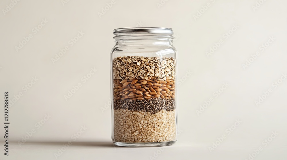 A single glass jar filled with layered grains, styled on a light background. picture A single glass jar filled with layered grains, styled on a light background. picture