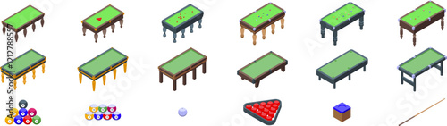 Snooker table icons set. Isometric billiard table set with balls, cue, and chalk, perfect for game, sport, and entertainment concepts